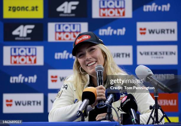 Mikaela Shiffrin of Team United States talks with members of the media during a press conference prior to the start of the FIS Alpine World Ski...