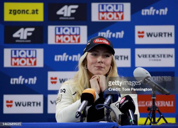 Mikaela Shiffrin of Team United States talks with members of the media during a press conference prior to the start of the FIS Alpine World Ski...