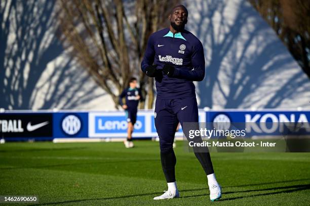 Romelu Lukaku of FC Internazionale in action during the FC Internazionale training session at the club's training ground Suning Training Center at...