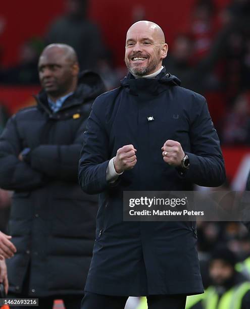 Manager Erik ten Hag of Manchester United celebrates Marcus Rashford scoring their second goal during the Premier League match between Manchester...