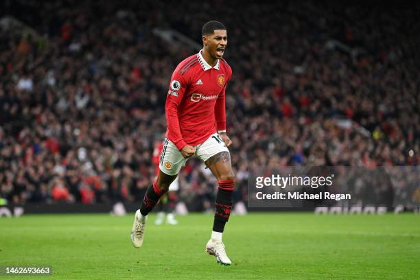 Marcus Rashford of Manchester United celebrates after scoring the team's second goal during the Premier League match between Manchester United and...