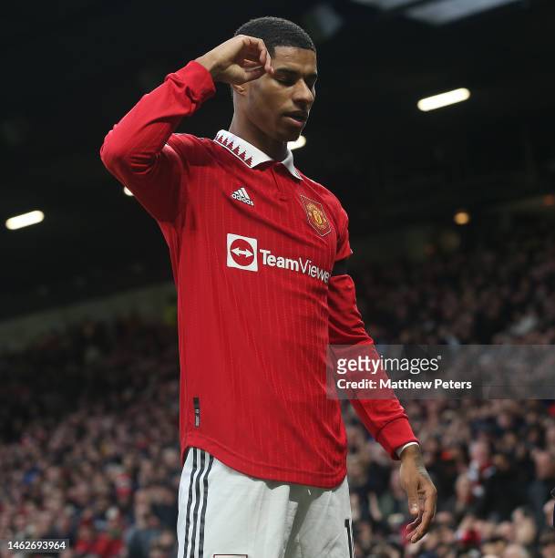 Marcus Rashford of Manchester United celebrates scoring their second goal during the Premier League match between Manchester United and Crystal...