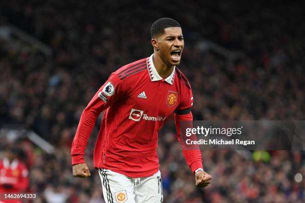 Marcus Rashford of Manchester United celebrates after scoring the team's second goal during the Premier League match between Manchester United and...