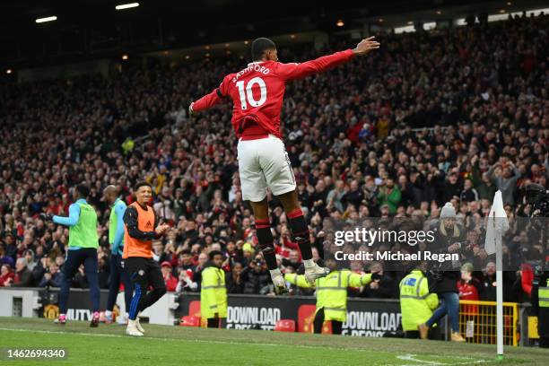 Marcus Rashford of Manchester United celebrates after scoring the team's second goal during the Premier League match between Manchester United and...