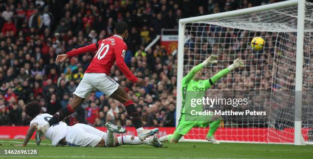 Marcus Rashford of Manchester United has a shot on goal during the Premier League match between Manchester United and Crystal Palace at Old Trafford...