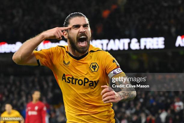 Ruben Neves of Wolverhampton Wanderers celebrates after scoring the team's third goal during the Premier League match between Wolverhampton Wanderers...