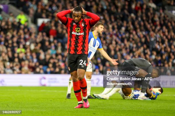 Antoine Semenyo of Bournemouth after Pervis Josue Tenorio Estupinan of Brighton & Hove Albion blocks his shot during the Premier League match between...