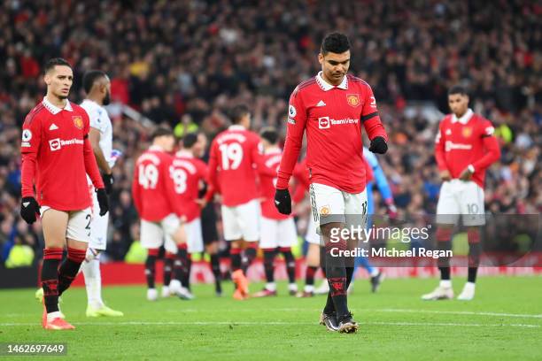 Casemiro of Manchester United reacts after being shown a red card during the Premier League match between Manchester United and Crystal Palace at Old...