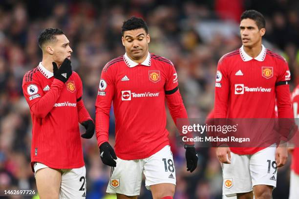 Casemiro of Manchester United reacts after being shown a red card during the Premier League match between Manchester United and Crystal Palace at Old...