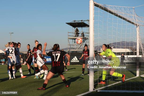 Late header from Linda Sembrant of Juventus beats Laura Giuliani in the AC Milan goal to pull one back and reduce the arrears to 2-1 during the...