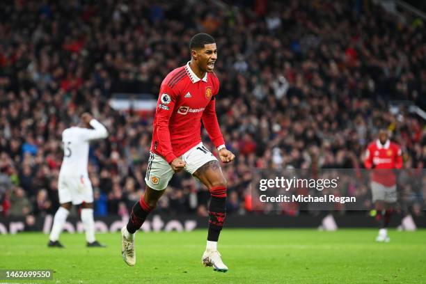 Marcus Rashford of Manchester United celebrates after scoring the team's second goal during the Premier League match between Manchester United and...