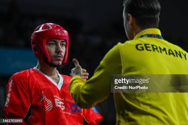 Xxx of Sandro Gabriel Peters of Germany listen to his coach during a fight against Conor Johnson McGlinchey of Ireland, in the Kickboxing - Men's...