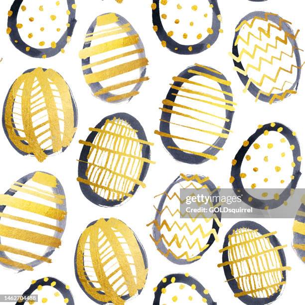 easter pattern illustration - outlined hand painted by black ink round eggs with realistic gold decors - seamless pattern in vector with isolated elements on white paper background with unique textured effects - easter seamless pattern stock illustrations