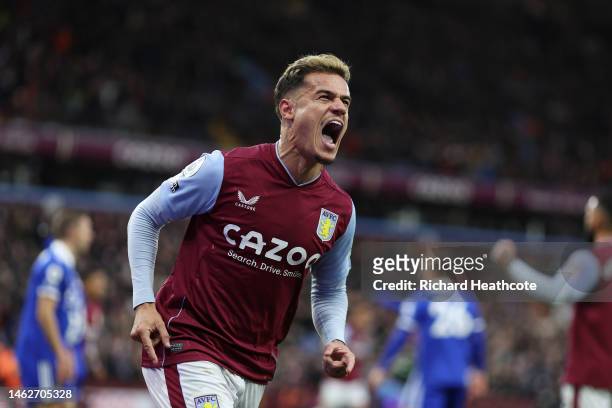 Philippe Coutinho of Aston Villa celebrates scoring their sides goal which is later ruled offside during the Premier League match between Aston Villa...