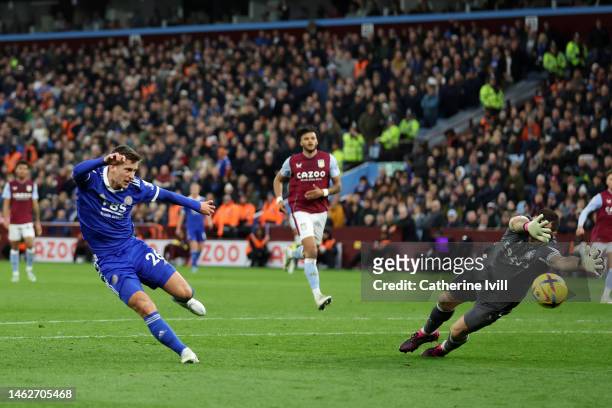Dennis Praet of Leicester City scores their sides fourth goal during the Premier League match between Aston Villa and Leicester City at Villa Park on...