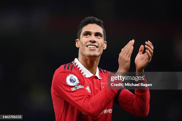 Raphael Varane of Manchester United applauds fans after the Premier League match between Manchester United and Crystal Palace at Old Trafford on...