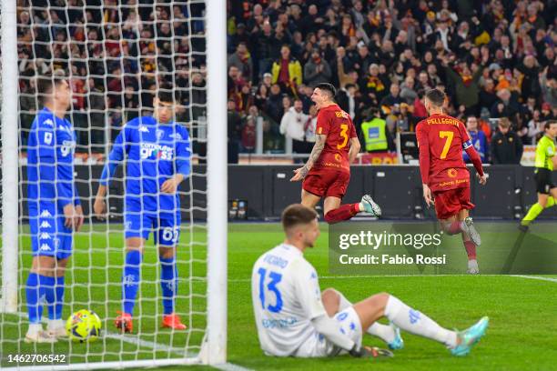 Roger Ibanez of AS Roma celebrates after scored the first goal for his team during the Serie A match between AS Roma and Empoli FC at Stadio Olimpico...