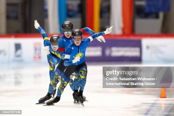 Andrey Semenov, Nikita Vazhenin and Roman Binozarov of Team Kazakhstan perform during the ISU Junior World Cup Speed Skating at Max Aicher Arena on...