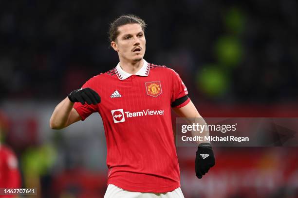 Marcel Sabitzer of Manchester United reacts during the Premier League match between Manchester United and Crystal Palace at Old Trafford on February...