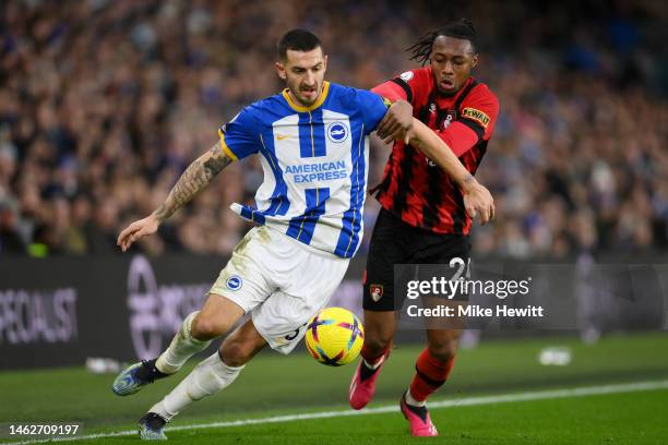 Lewis Dunk of Brighton & Hove Albion is challenged by Antoine Semenyo of AFC Bournemouth during the Premier League match between Brighton & Hove...