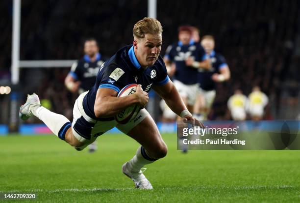 Duhan van der Merwe of Scotland scores their second try during the Six Nations Rugby match between England and Scotland at Twickenham Stadium on...