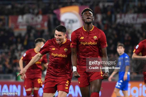 Roma player Tammy Abraham celebrates during the Serie A match between AS Roma and Empoli FC at Stadio Olimpico on February 04, 2023 in Rome, Italy.