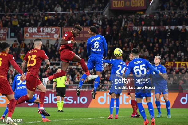 Roma player Tammy Abraham scores the goal during the Serie A match between AS Roma and Empoli FC at Stadio Olimpico on February 04, 2023 in Rome,...