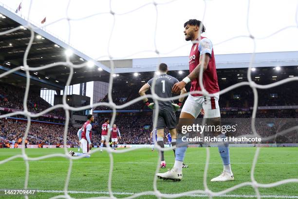 Tyrone Mings of Aston Villa looks dejected during the Premier League match between Aston Villa and Leicester City at Villa Park on February 04, 2023...