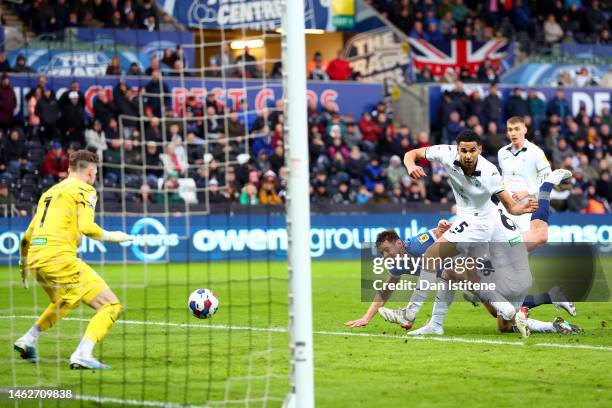 Lukas Jutkiewicz of Birmingham scores his team's third goal goal during the Sky Bet Championship between Swansea City and Birmingham City at Liberty...