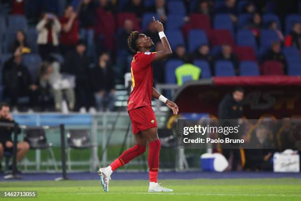 Tammy Abraham of AS Roma celebrates after scoring their sides second goal during the Serie A match between AS Roma and Empoli FC at Stadio Olimpico...