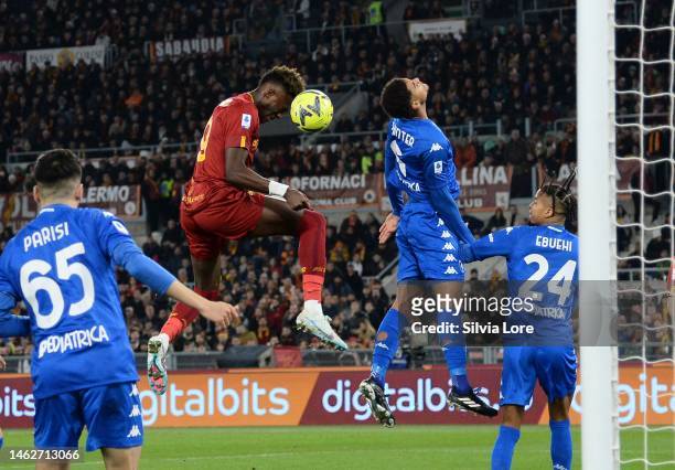 Tammy Abraham of AS Roma scoring goal 2-0 during the Serie A match between AS Roma and Empoli FC at Stadio Olimpico on February 04, 2023 in Rome,...