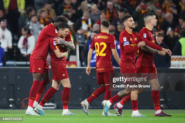 Tammy Abraham of AS Roma celebrates with team mates after scoring their sides second goal during the Serie A match between AS Roma and Empoli FC at...