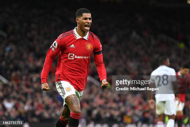 Marcus Rashford of Manchester United celebrates his goal to make it 2-0 during the Premier League match between Manchester United and Crystal Palace...