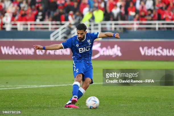 Saleh Alshehri of Al Hilal scores the team's third penalty in the penalty shoot out during the FIFA Club World Cup Morocco 2022 2nd Round match...