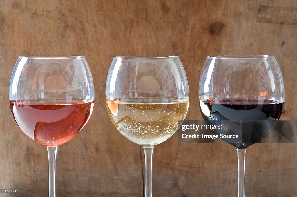 Rose, white and red wines in glasses
