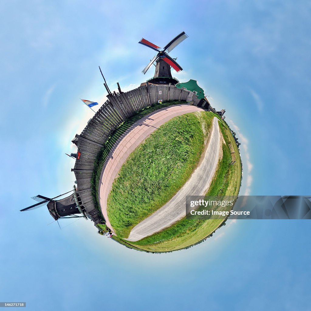 Windmills of Zaanse Schans, Netherlands, little planet effect
