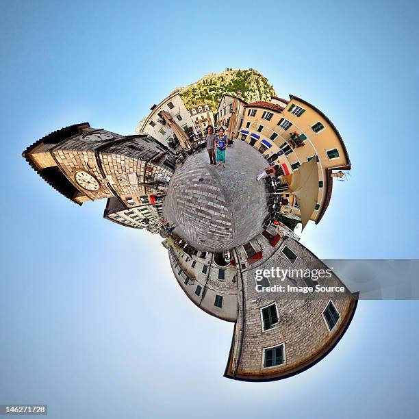 family on vacation in kotor, montenegro, little planet effect - 360 people stock pictures, royalty-free photos & images