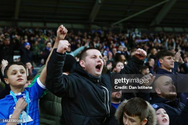 Birmingham fans celebrate victory after the Sky Bet Championship between Swansea City and Birmingham City at Liberty Stadium on February 04, 2023 in...