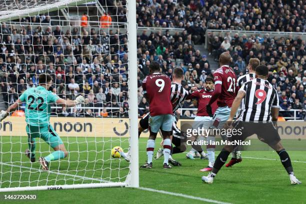 Lucas Paqueta of West Ham United scores their sides first goal during the Premier League match between Newcastle United and West Ham United at St....