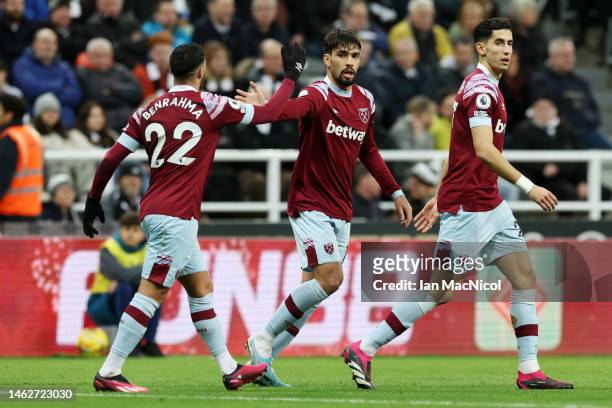Lucas Paqueta of West Ham United celebrates with Said Benrahma after scoring the team's first goal during the Premier League match between Newcastle...