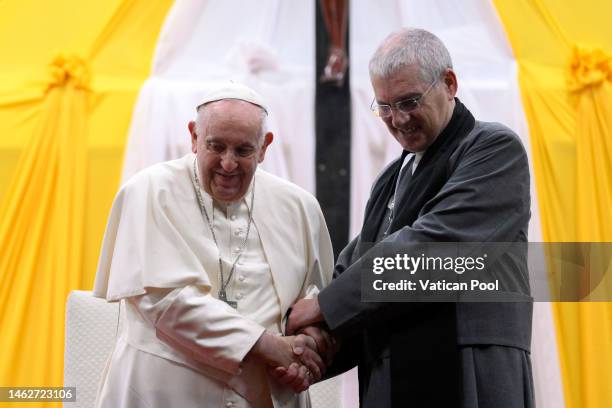 Pope Francis greets Archbishop of Canterbury Justin Welby at the end of an ecumenical prayer at the John Garang Mausoleum on February 04, 2023 in...