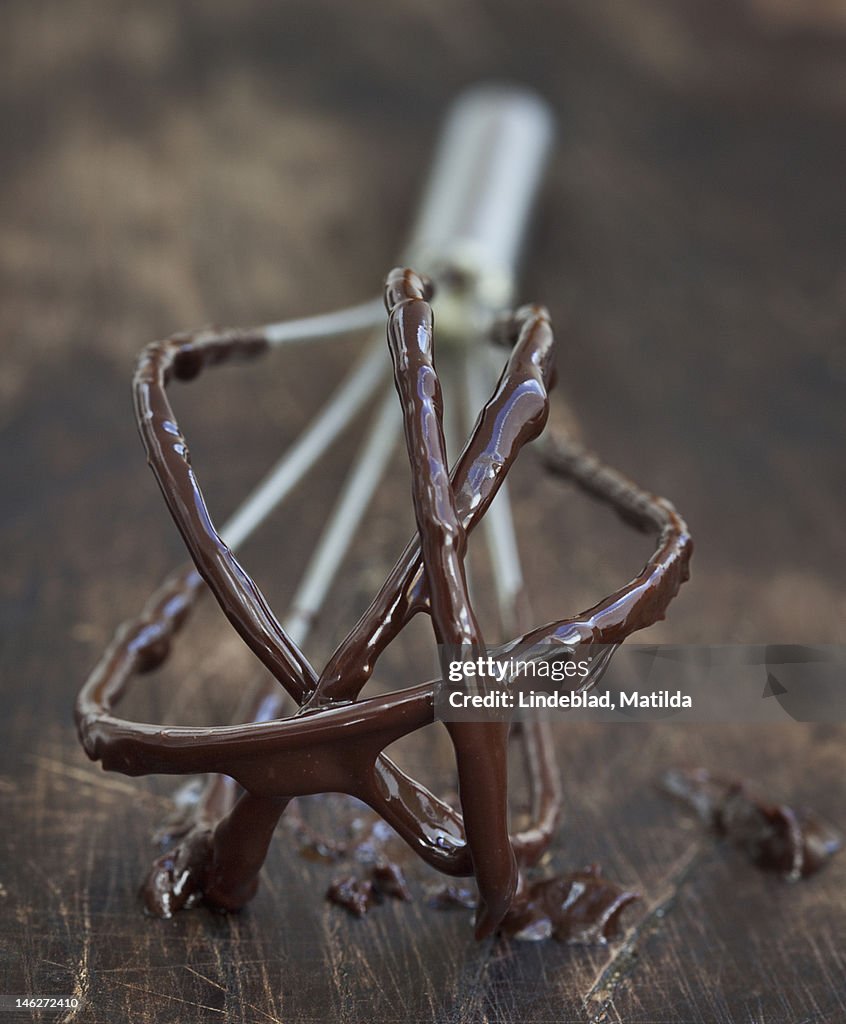 Sticky chocolate on whisk