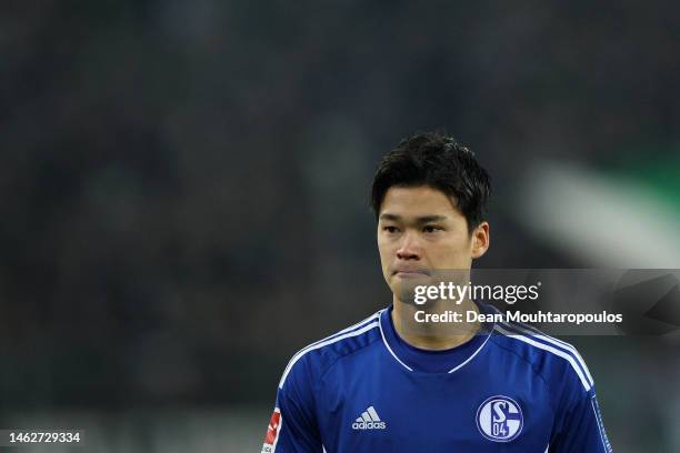 Soichiro Kozuki of FC Schalke 04 looks on during the Bundesliga match between Borussia Mönchengladbach and FC Schalke 04 at Borussia-Park on February...