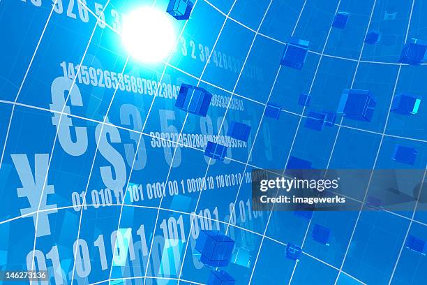 different currency symbols with binary codes and cubes - 3d illustration rendering of binary code pattern stock illustrations