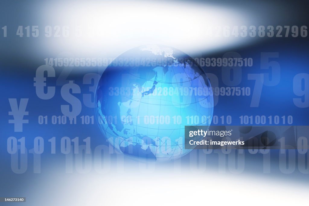 Crystal globe in front of binary codes and different currency symbols