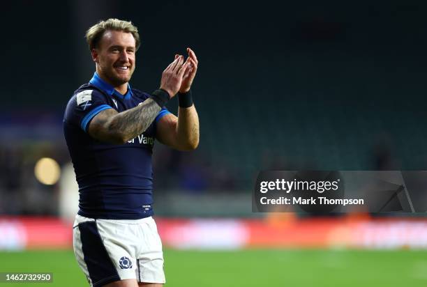 Stuart Hogg of Scotland celebrates after the team's victory during the Six Nations Rugby match between England and Scotland at Twickenham Stadium on...