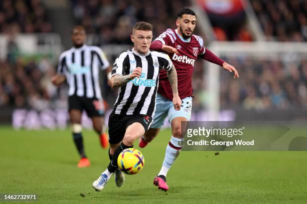 Kieran Trippier of Newcastle United runs ahead of Said Benrahma of West Ham United during the Premier League match between Newcastle United and West...