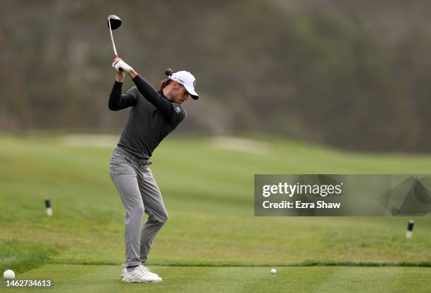 Gareth Bale plays his shot from the ninth tee during the third round of the AT&T Pebble Beach Pro-Am at Pebble Beach Golf Links on February 04, 2023...