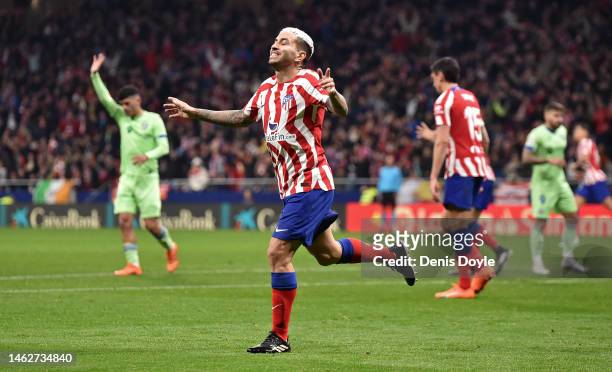 Angel Correa of Atletico Madrid celebrates after scoring the team's first goal during the LaLiga Santander match between Atletico de Madrid and...