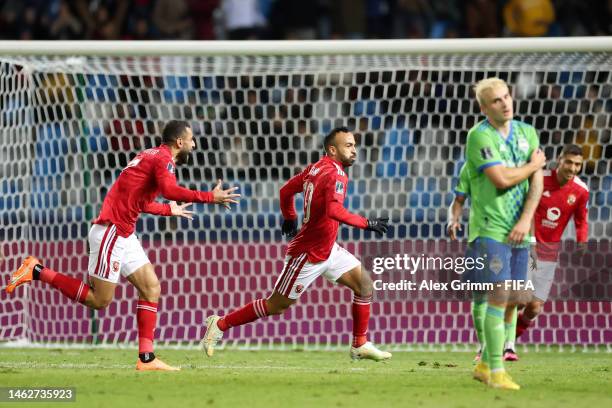 Mohamed Magdy of Al Ahly FC celebrates after scoring the team's first goal during the FIFA Club World Cup Morocco 2022 2nd Round match between...